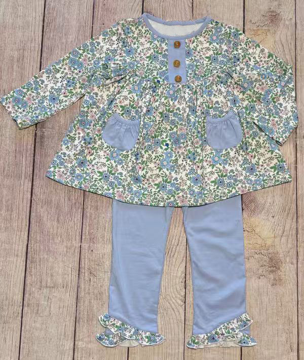 MOQ 8 Preorder GLP2953 Flower Leaf Blue Pocket Long Sleeve Pants Girls Set 202510