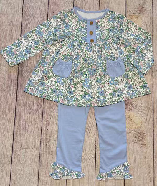 MOQ 8 Preorder GLP2953 Flower Leaf Blue Pocket Long Sleeve Pants Girls Set 202510
