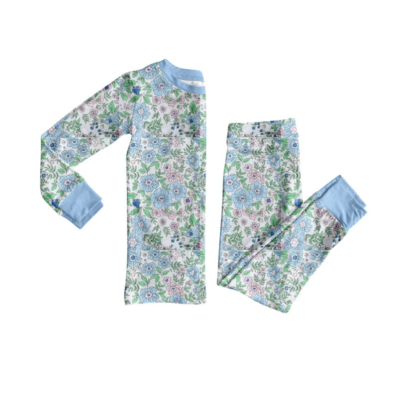 MOQ 8 Preorder GLP2955 Flower Leaf Blue Green Long Sleeve Pants Girls Pajamas Set 202510