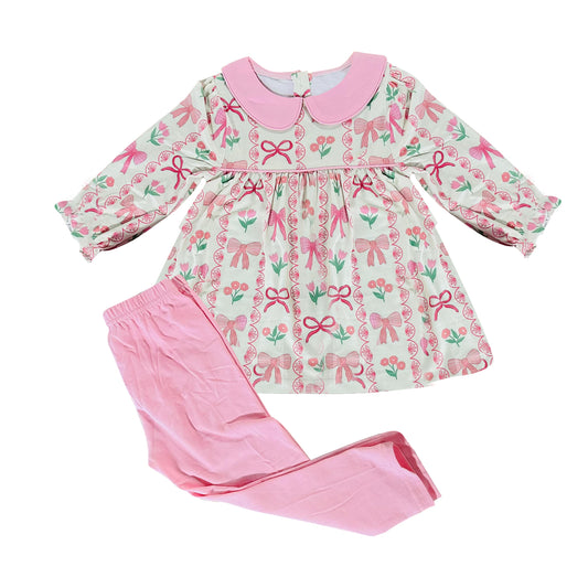 MOQ 8 Preorder GLP2957 Flower Bows Pink Doll Collar Long Sleeve Pants Girls Set 202510