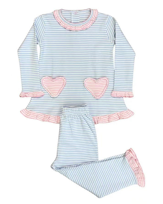 MOQ 8 Preorder GLP2958 Valentine's Day Love Pocket Pink Blue Stripe Long Sleeve Pants Girls Set 202510