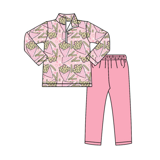 MOQ 8 Preorder GLP2959 Fries Pink Zip up Collar Long Sleeve Pants Girls Set 202510
