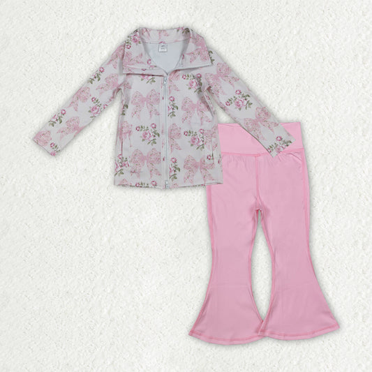 GLP2967 Pink Bows Flower Zip Long Sleeve Bell Bottom Pants Girls Yoga Sets 202510 RTS