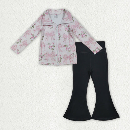 GLP2968 Pink Bows Flower Zip Long Sleeve Black Bell Bottom Pants Girls Yoga Sets 202510 RTS