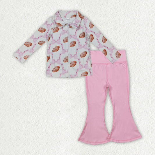 GLP2969 Rugby Bows Zip Collar Long Sleeve Pink Bell Bottom Pants Girls Yoga Sets 202510 RTS