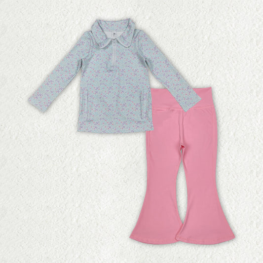 GLP2970 Floral Light Blue Zip Collar Long Sleeve Pink Bell Bottom Pants Girls Yoga Sets 202510 RTS