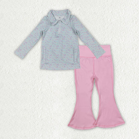 GLP2971 Floral Light Blue Zip Collar Long Sleeve Light Pink Bell Bottom Pants Girls Yoga Sets 202510 RTS