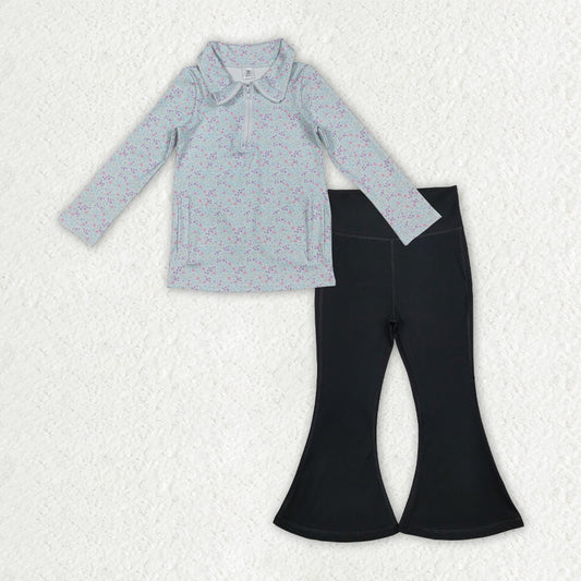 GLP2972 Floral Light Blue Zip Collar Long Sleeve Black Bell Bottom Pants Girls Yoga Sets 202510 RTS
