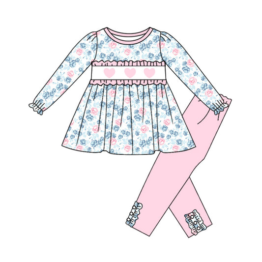 MOQ 8 Preorder GLP2975 Valentine’s Day Flower Love Pink Ruffle Long Sleeve Pants Girls Set 202510
