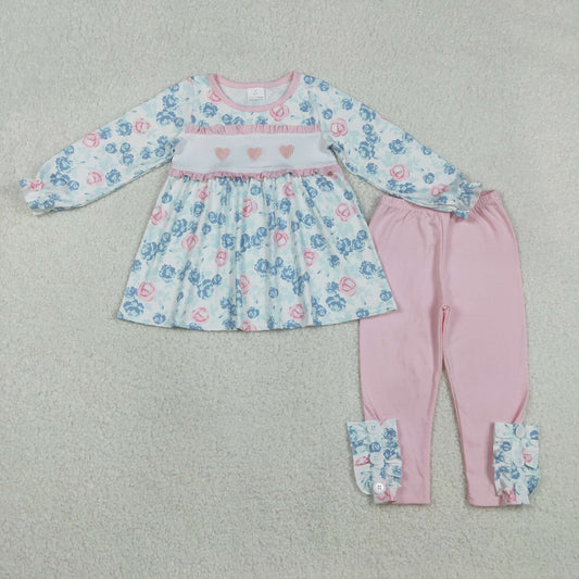 GLP2975 Embroidered Valentine’s Day Flower Love Pink Ruffle Long Sleeve Pants Girls Set 202511 RTS