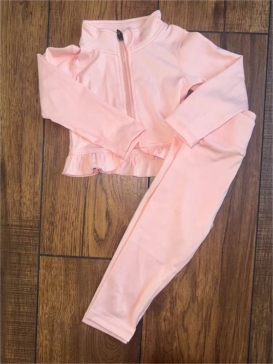 MOQ 8 preorder GLP2976 Solid Pink Ruffle Zip up Long Sleeve Pants Girls Yoga Sets 202510