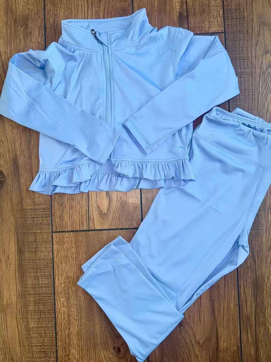MOQ 8 preorder GLP2977 Solid Sky Blue Ruffle Zip up Long Sleeve Pants Girls Yoga Sets 202510
