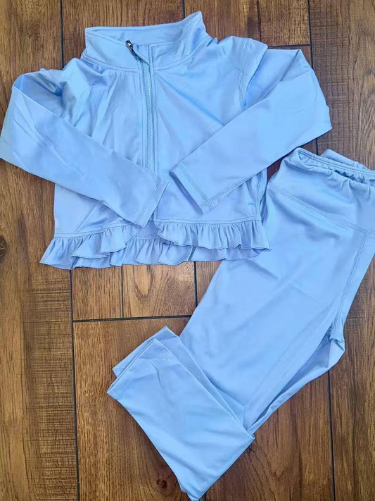 MOQ 8 preorder GLP2977 Solid Sky Blue Ruffle Zip up Long Sleeve Pants Girls Yoga Sets 202510