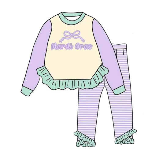 MOQ 8 Preorder GLP2978 Mardi Gras Green Ruffle Purple Stripe Long Sleeve Pants Girls Set 202510