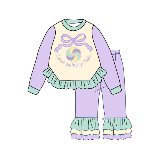 MOQ 8 Preorder GLP2979 Mardi Gras Green Ruffle Purple Long Sleeve Pants Girls Set 202510