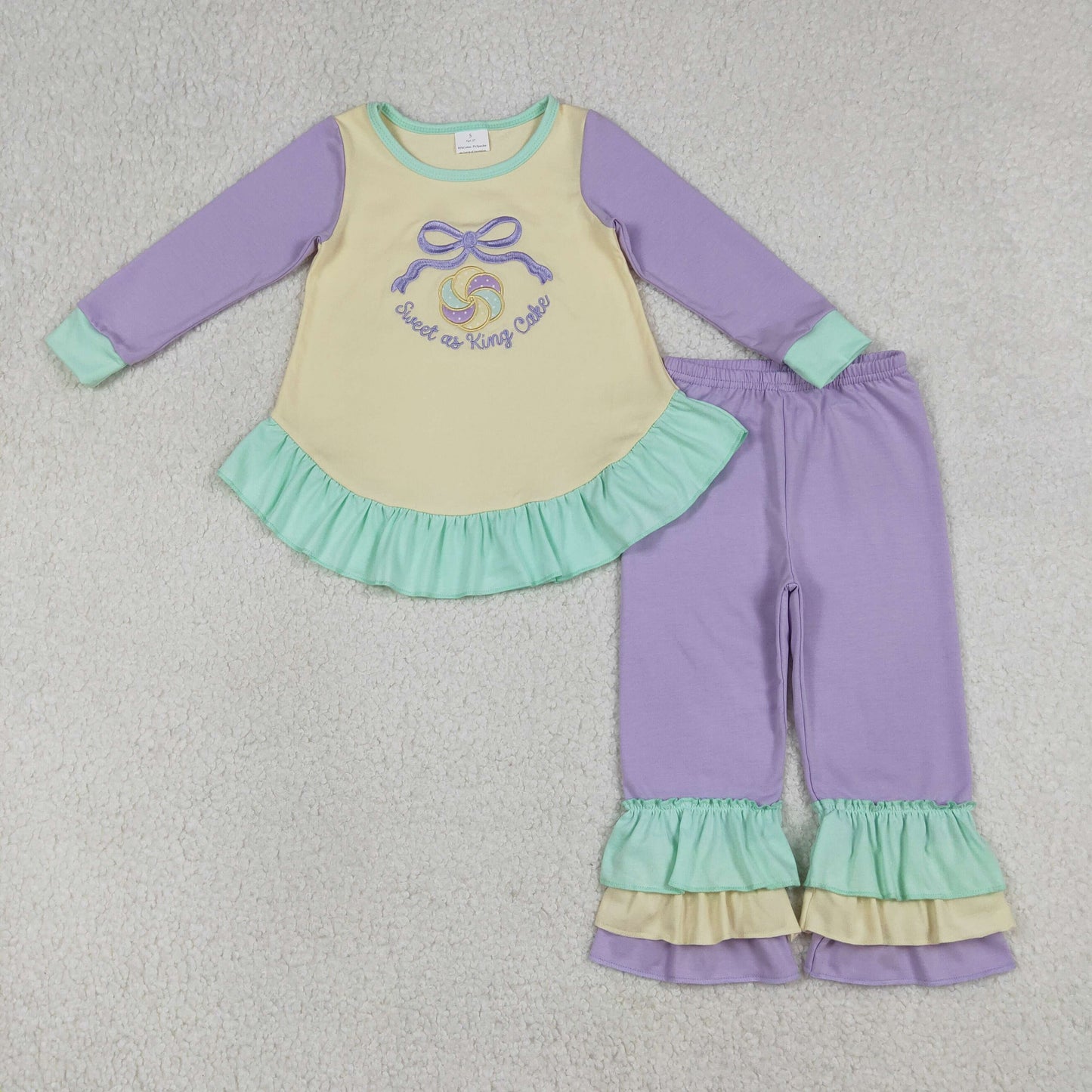GLP2979 Embroidered Mardi Gras Green Ruffle Purple Long Sleeve Pants Girls Set 202601 RTS