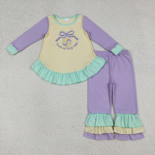 GLP2979 Embroidered Mardi Gras Green Ruffle Purple Long Sleeve Pants Girls Set 202601 RTS