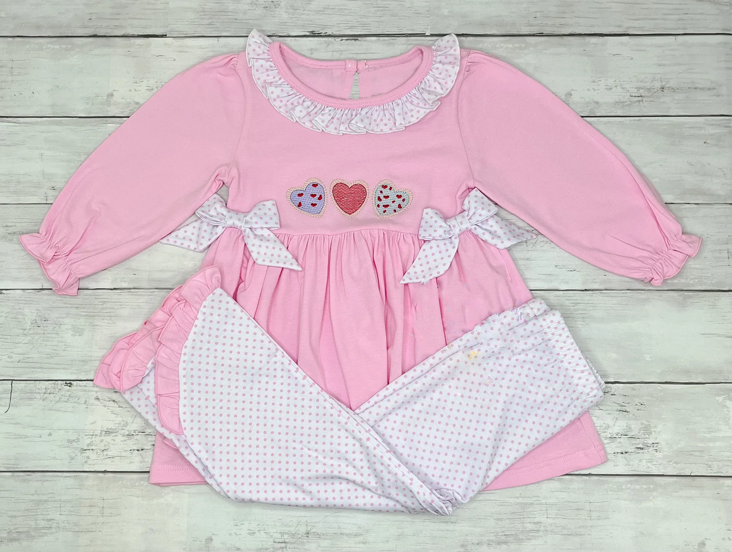 MOQ 8 Preorder GLP2980 Valentine's Day Love Dots Ruffle Pink Long Sleeve Pants Girls Set 202510