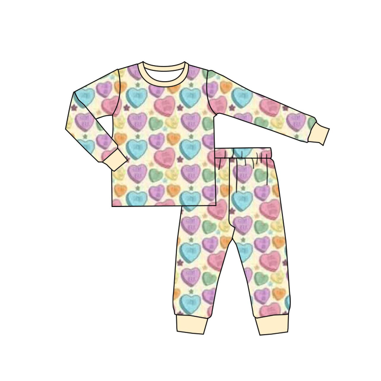 MOQ 5 Preorder GLP2981 Valentine's Day Love Beige Yellow Long Sleeve Pants Girls Set 202510