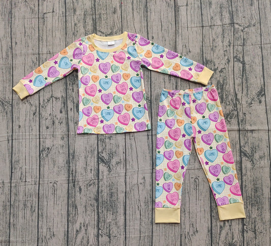 NO MOQ Preorder GLP2981 Valentine's Day Love Beige Yellow Long Sleeve Pants Girls Set 202510