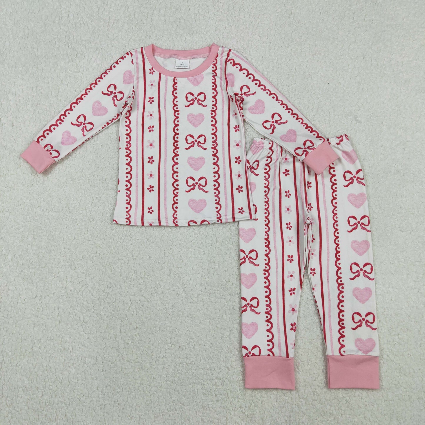GLP2984 Valentine's Day Love Bows Stripe Pattern Pink Long Sleeve Pants Girls Pajamas Set 202511 RTS
