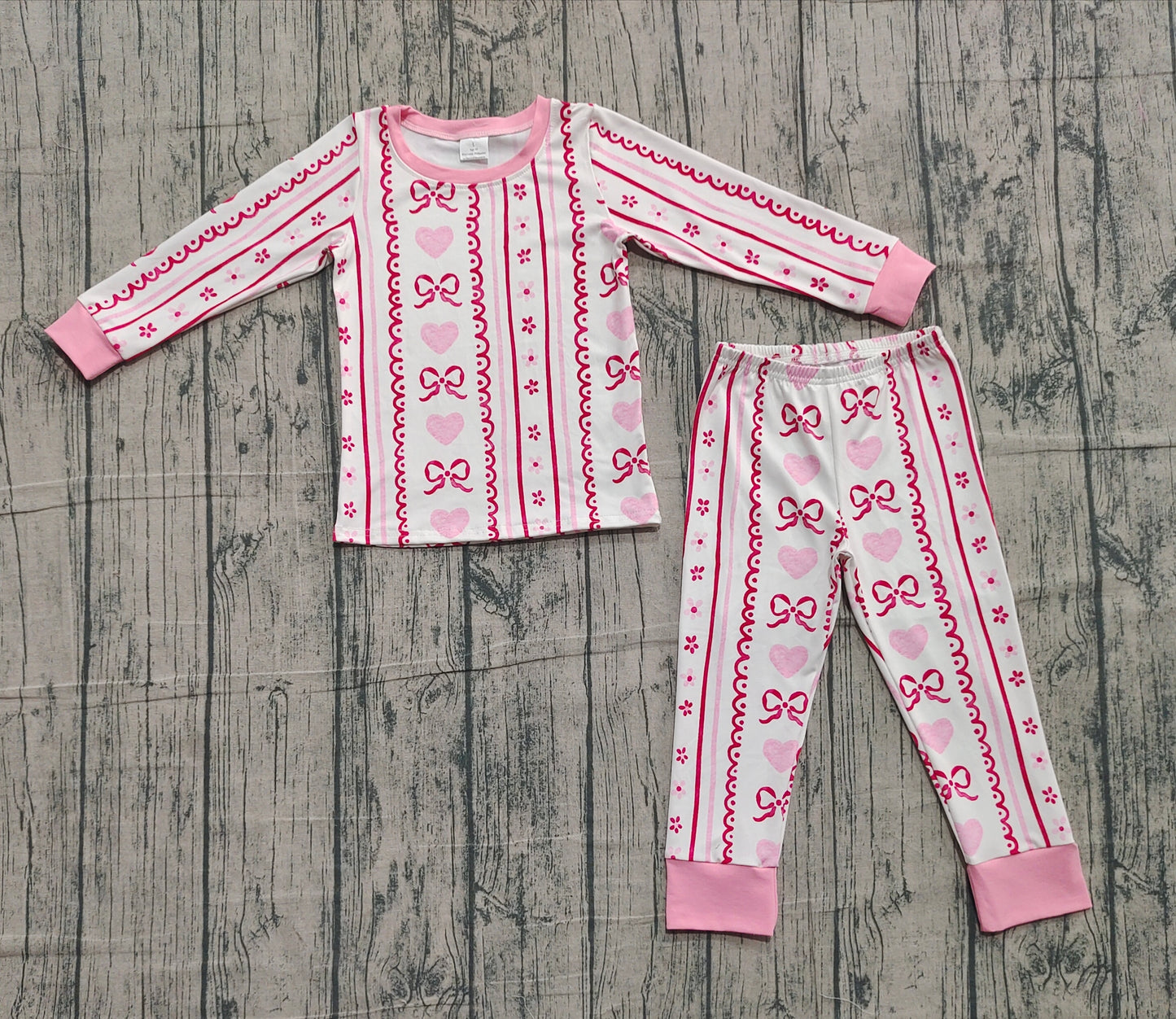 NO MOQ Preorder GLP2984 Valentine's Day Love Bows Stripe Pattern Pink Long Sleeve Pants Girls Pajamas Set 202510