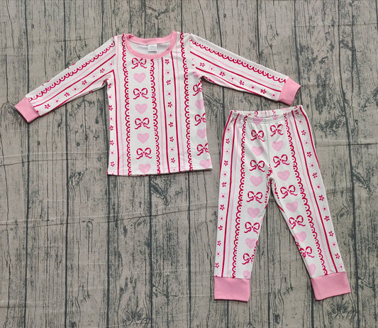 NO MOQ Preorder GLP2984 Valentine's Day Love Bows Stripe Pattern Pink Long Sleeve Pants Girls Pajamas Set 202510