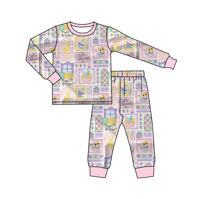 MOQ 5 Preorder GLP2986 Mardi Gras Masked Kitten Window Pink Purple Long Sleeve Pants Girls Pajama Set 202510