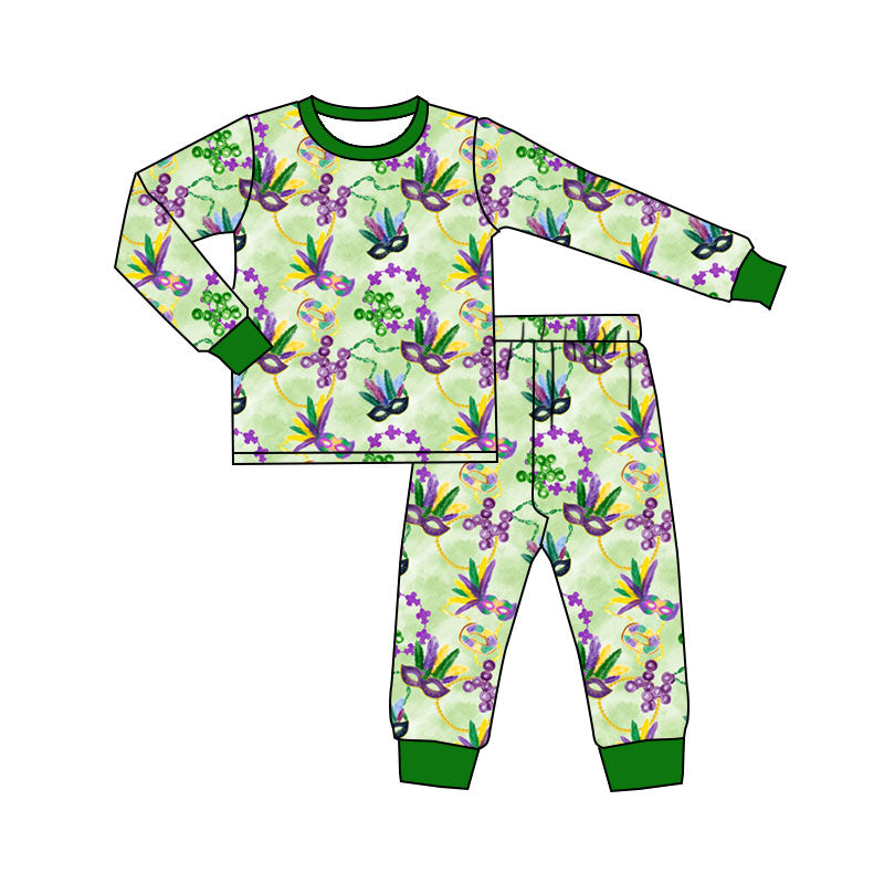MOQ 5 Preorder GLP2987 Mardi Gras Feather Mask Green Long Sleeve Pants Girls Pajama Set 202510