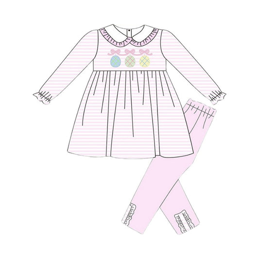 MOQ 5 Preorder GLP2989 Easter Eggs Bows Doll Collar Pink Stripe Long Sleeve Pants Girls Set 202510