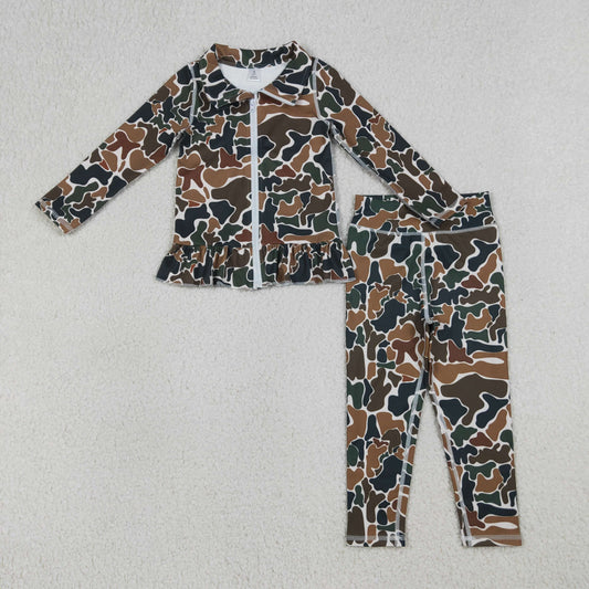 GLP2992 Top GT1315 & Pants P0690 Brown Green Camouflage Ruffle Zipper Long Sleeve Pants Girls Yoga Sets 202604 RTS