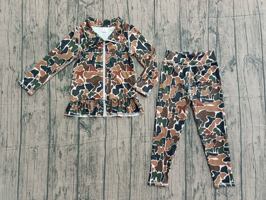 NO MOQ preorder GLP2992 Top GT1315 & Pants P0690 Brown Green Camouflage Ruffle Zipper Long Sleeve Pants Girls Yoga Sets 202601