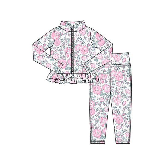 MOQ 5 preorder GLP2999 Pink Flower Leaf Ruffle Zipper Long Sleeve Pants Girls Yoga Sets 202510
