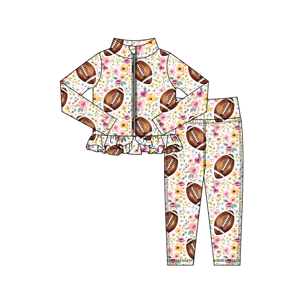 MOQ 5 preorder GLP3001 Floral Rugby Pattern Ruffle Zipper Long Sleeve Pants Girls Yoga Sets 202510