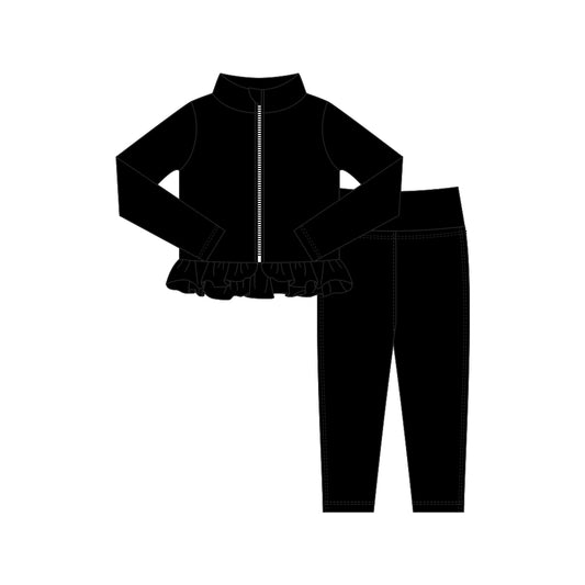 MOQ 5 preorder GLP3006 Solid Black Ruffle Zipper Long Sleeve Pants Girls Yoga Sets 202510