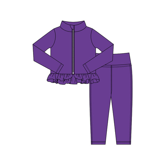 MOQ 5 preorder GLP3009 Solid Purple Ruffle Zipper Long Sleeve Pants Girls Yoga Sets 202510
