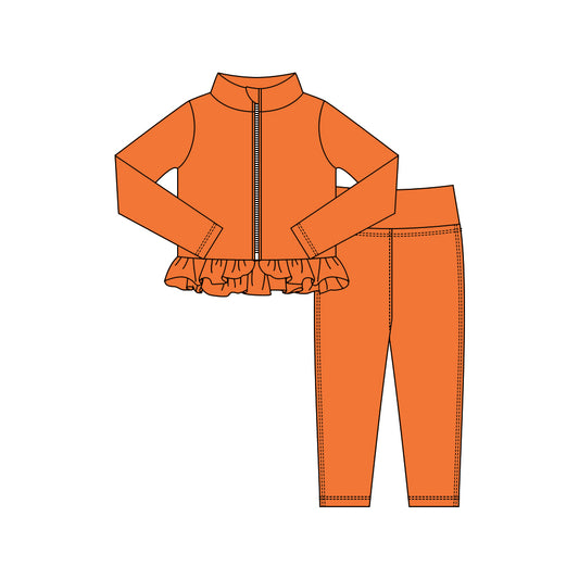 MOQ 5 preorder GLP3017 Solid Orange Ruffle Zipper Long Sleeve Pants Girls Yoga Sets 202510