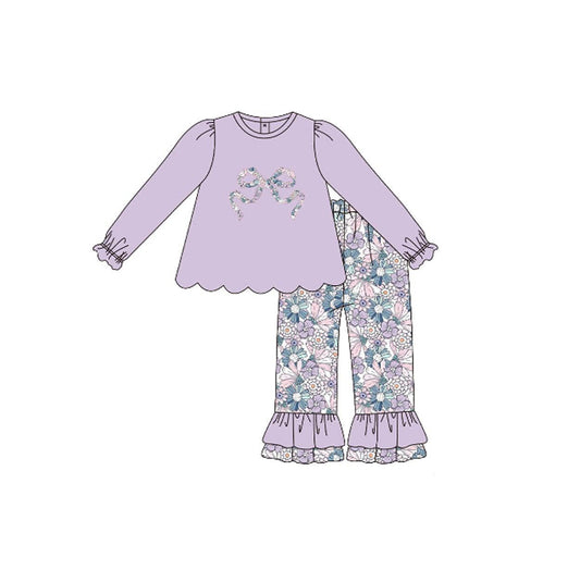 MOQ 5 Preorder GLP3019 Bows Flower Ruffle Purple Long Sleeve Pants Girls Set 202510
