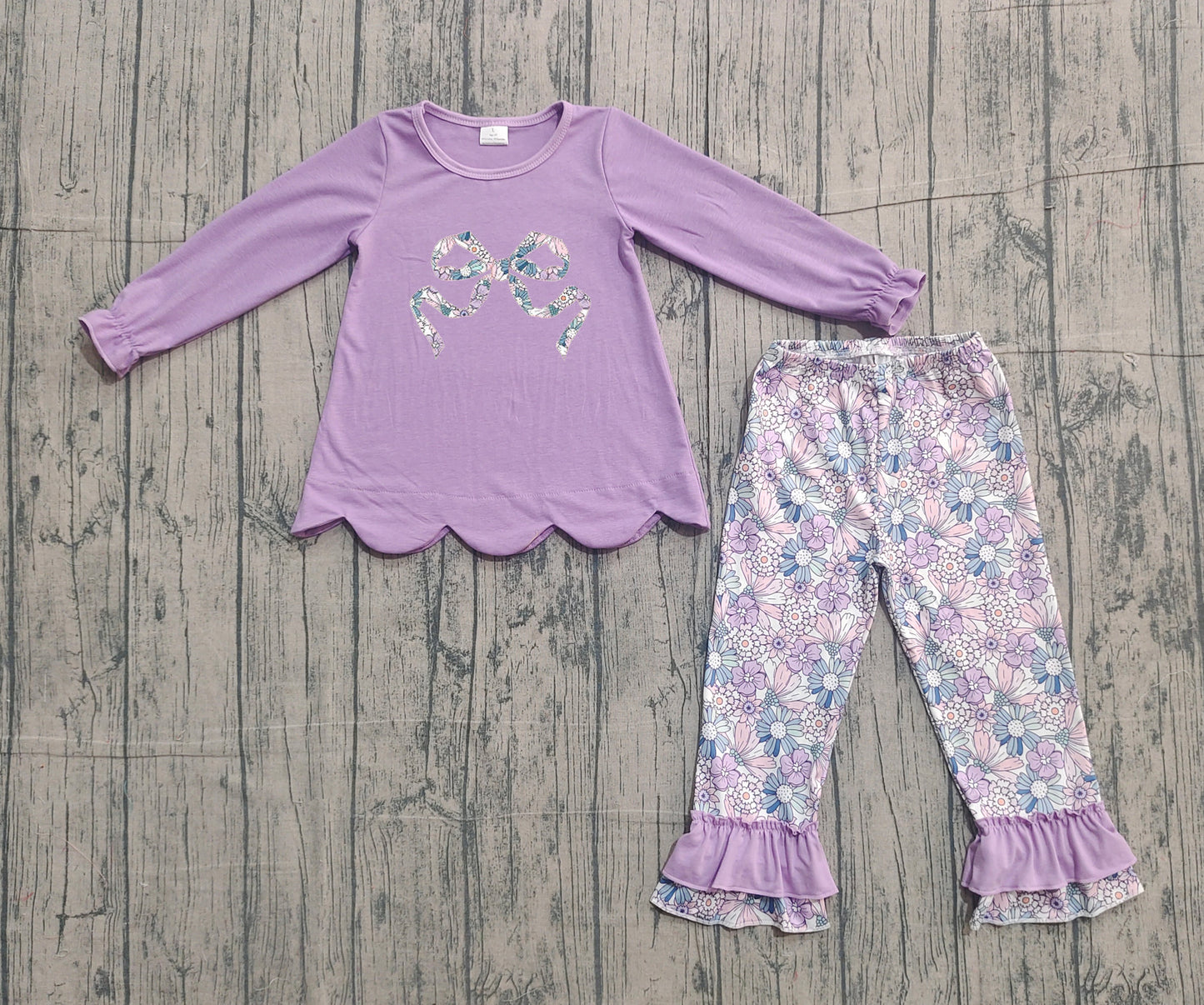 NO MOQ Preorder GLP3019 Bows Flower Ruffle Purple Long Sleeve Pants Girls Set 202512 RTS