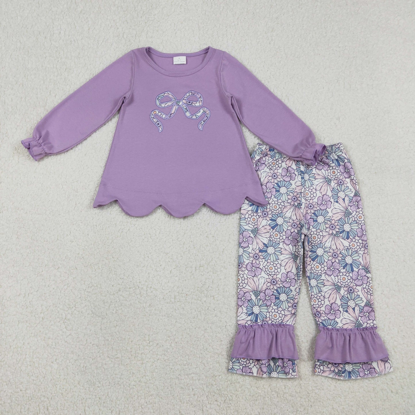 GLP3019 Embroidered Bows Flower Ruffle Purple Long Sleeve Pants Girls Sets 202601 RTS