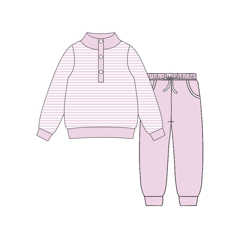 MOQ 5 Preorder GLP3022 Pink Stripe Button Long Sleeve Pants Girls Set 202510