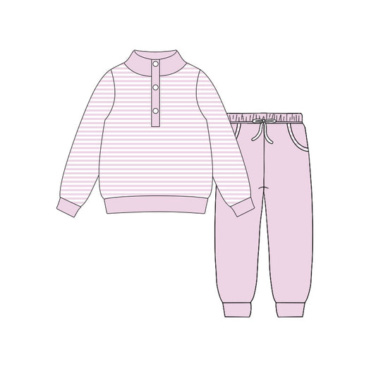 MOQ 5 Preorder GLP3022 Pink Stripe Button Long Sleeve Pants Girls Set 202510