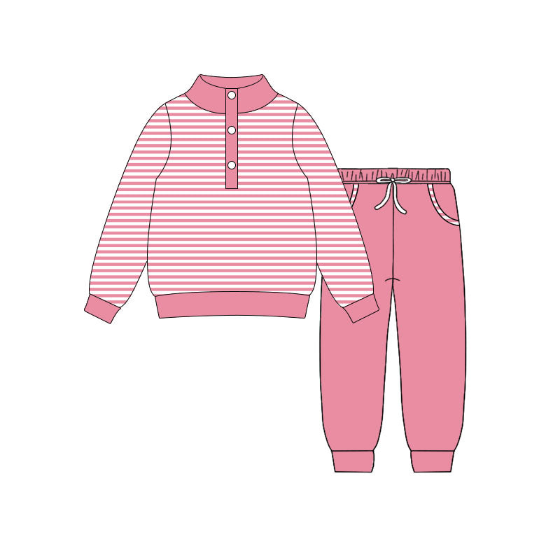 MOQ 5 Preorder GLP3024 Hot Pink Stripe Button Long Sleeve Pants Girls Set 202510