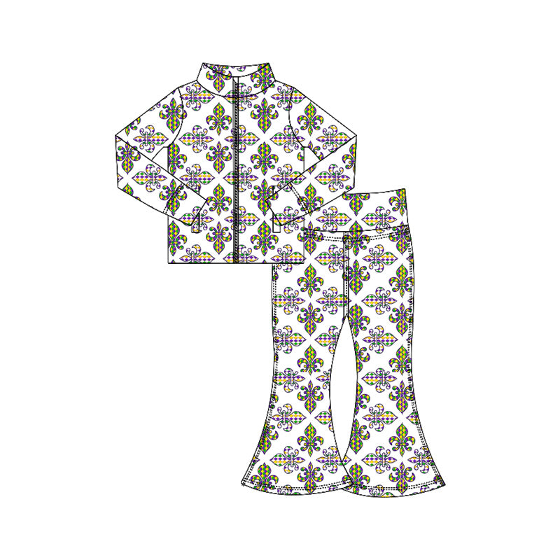 MOQ 5 preorder GLP3025 Mardi Gras White Zipper Long Sleeve Pants Girls Yoga Sets 202510