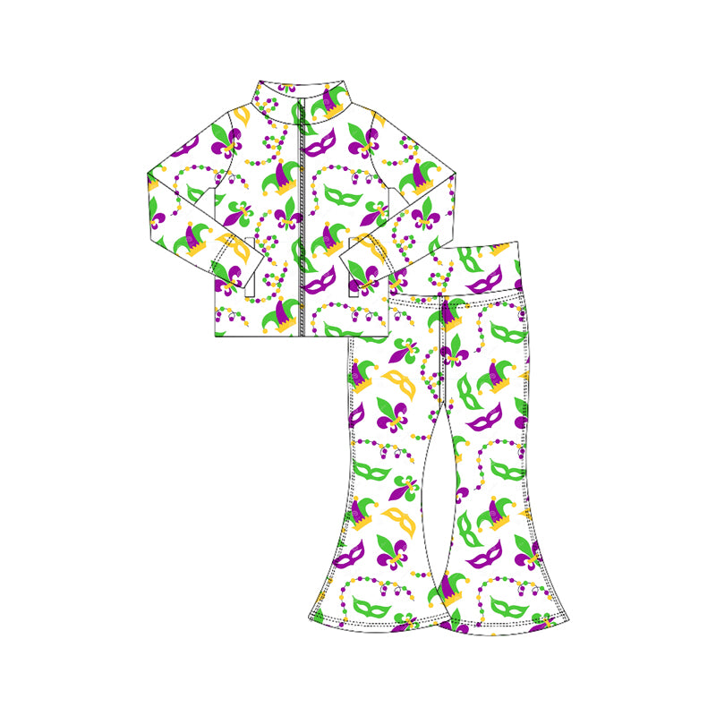 MOQ 5 preorder GLP3026 Mardi Gras Mask White Zipper Long Sleeve Pants Girls Yoga Sets 202510