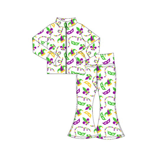 MOQ 5 preorder GLP3026 Mardi Gras Mask White Zipper Long Sleeve Pants Girls Yoga Sets 202510