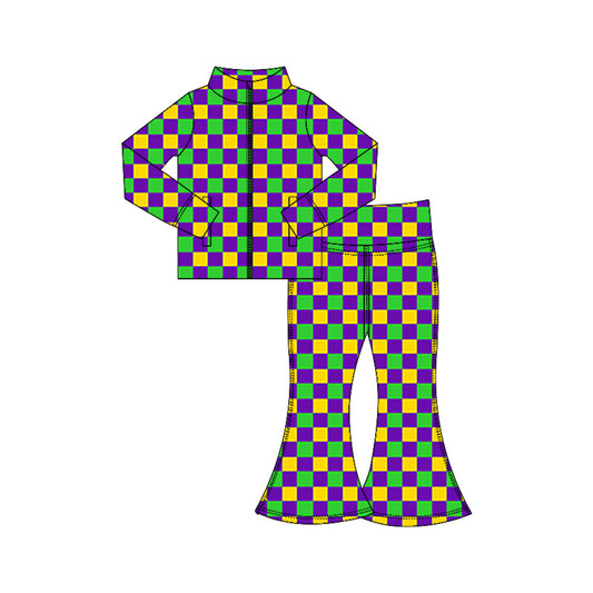 MOQ 5 preorder GLP3027 Mardi Gras Purple Yellow Green Plaid Zipper Long Sleeve Pants Girls Yoga Sets 202510