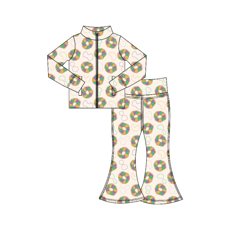 MOQ 5 preorder GLP3028 Mardi Gras Necklace Donut Zipper Long Sleeve Pants Girls Yoga Sets 202510