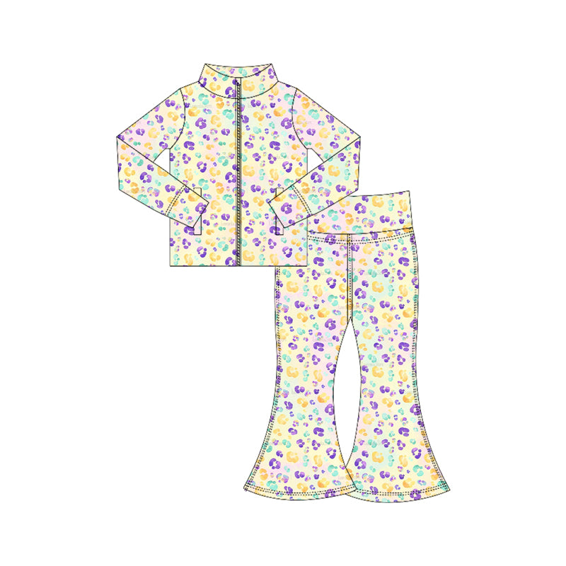 MOQ 5 preorder GLP3030 Mardi Gras Leopard Beige Yellow Zipper Long Sleeve Pants Girls Yoga Sets 202510