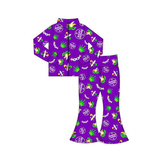 MOQ 5 preorder GLP3033 Mardi Gras Crocodile Mask Purple Zipper Long Sleeve Pants Girls Yoga Sets 202510